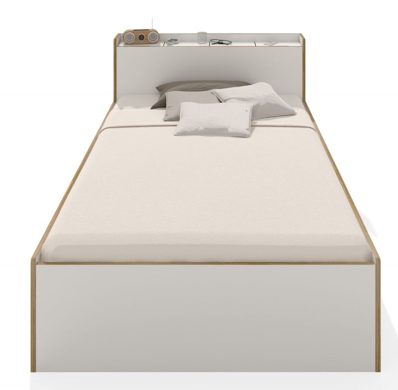 Weißes Nook Einzelbett von Müller Möbelwerkstätten mit Ablagefläche und Kissen. Modernes Bett für Schlafzimmer.